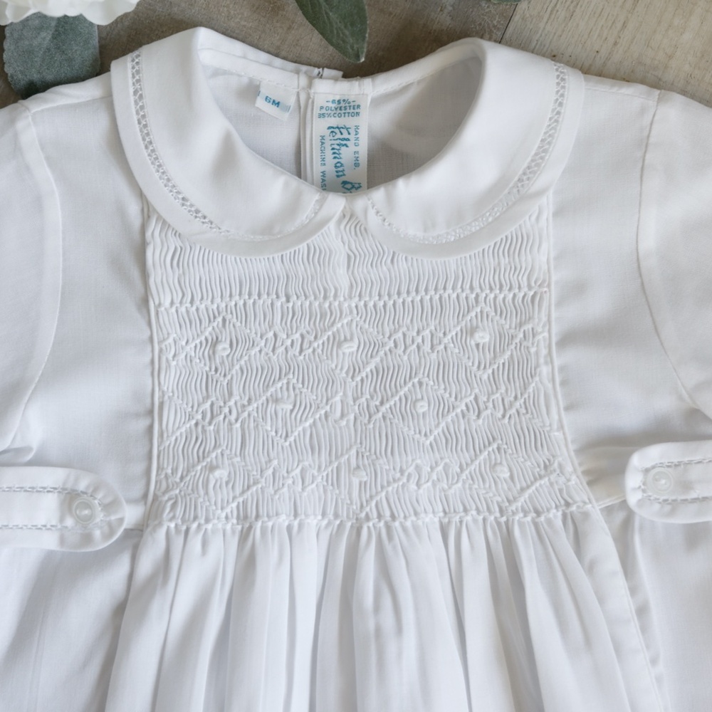 White Smocked Heirloom Romper Boys ShortAll Feltman Brothers Traditional NWT - Picture 4 of 6